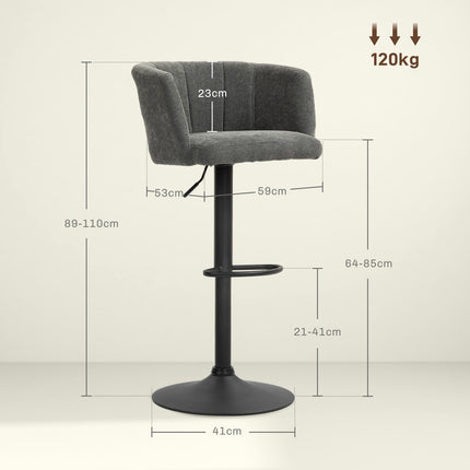 Height adjustable swivel bar stools, set of 2, dark gray linen