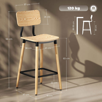 Set of 2 bar stools with backrest, bar chairs for home bar, kitchen island, dining room, wood, metal, light brown