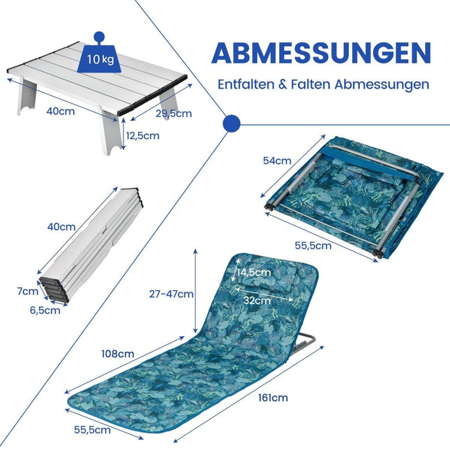 Set van 2 strandmatten met bijzettafel, kussen en opbergvak, ligmat met verstelbare rugleuning, turquoiseblauw