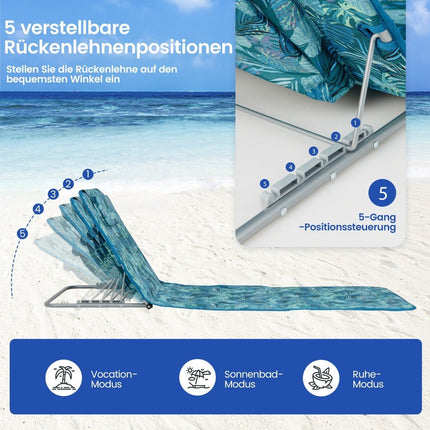 Set of 2 beach mats with side table, pillow & storage compartment, lounger mat with adjustable backrest, turquoise blue
