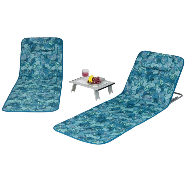 Set van 2 strandmatten met bijzettafel, kussen en opbergvak, ligmat met verstelbare rugleuning, turquoiseblauw