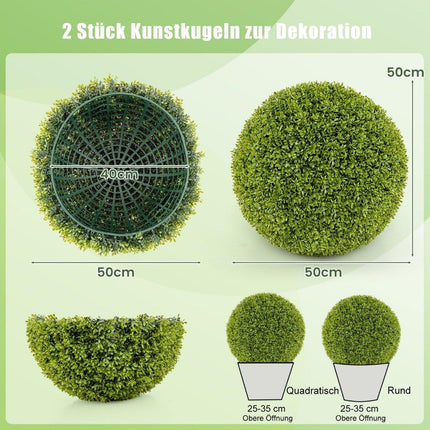 Sada 2 ks buxusových koulí, 50 cm, buxusové koule, UV odolné, dekorativní kulové rostliny do domácnosti