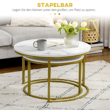 Kulatý konferenční stolek v mramorovém vzhledu, sada 2 ks, ocel ve zlaté