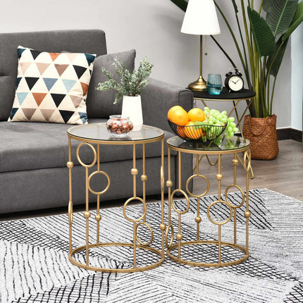 Sada 2 ks konferenčních stolků, odkládací stolky se skleněnými deskami, obývací stolky s designem obruče a koule Ø41 x 57 cm, zlatá