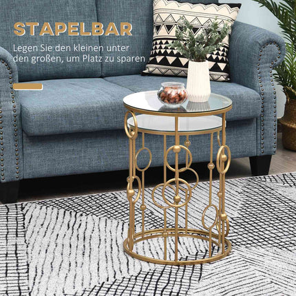 Sada 2 ks konferenčních stolků, odkládací stolky se skleněnými deskami, obývací stolky s designem obruče a koule Ø41 x 57 cm, zlatá