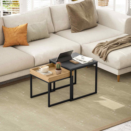 Čtvercové konferenční stolky, ocelový rám, černá a dub, sada 2 ks