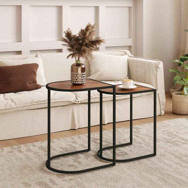 Quadratische Couchtische mit Stahlgestell, 2er-Set, braun und schwarz