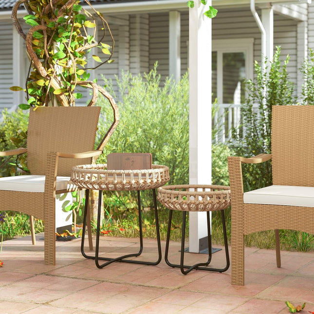 Set van 2 bijzettafels polyrotan Ø60/41 cm ronde weerbestendige tuintafel met X-poten verstelbare voetsteunen buiten balkontafel salontafel tuinmeubelen voor tuin, balkon bruin |