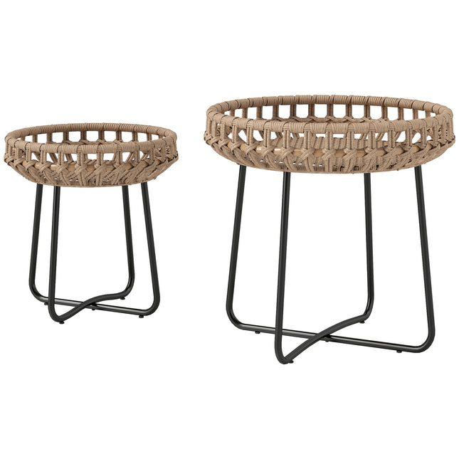 Set van 2 bijzettafels polyrotan Ø60/41 cm ronde weerbestendige tuintafel met X-poten verstelbare voetsteunen buiten balkontafel salontafel tuinmeubelen voor tuin, balkon bruin |