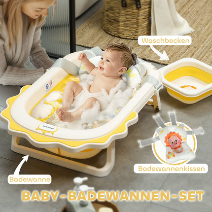 Foldable baby bathtub set with non-slip cushions, 0-3 years