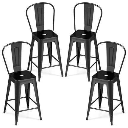 Set of 4 Black Metal Bar Stools with Backrests
