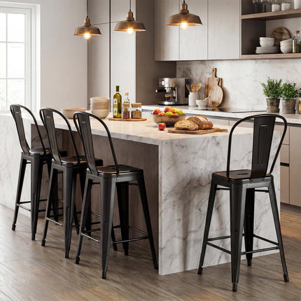 Set of 4 Black Metal Bar Stools with Backrests