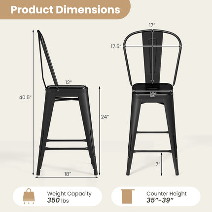 Set of 4 Black Metal Bar Stools with Backrests