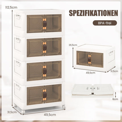 Sada 4 ks stohovatelných úložných boxů s víky, kolečky a dvířky, 49.5 x 31.5 x 112.5 cm