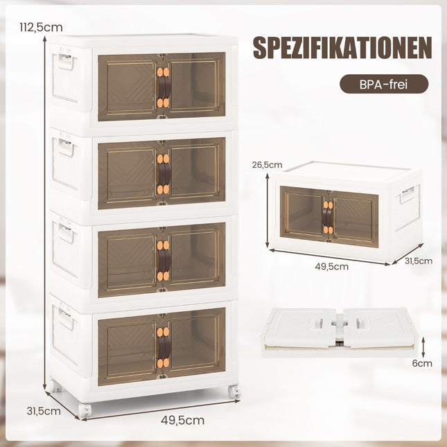 Sada 4 ks stohovatelných úložných boxů s víky, kolečky a dvířky, 49.5 x 31.5 x 112.5 cm