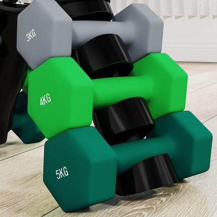 Hex dumbbell set with stand - 3, 4, 5 kg weights for home gym