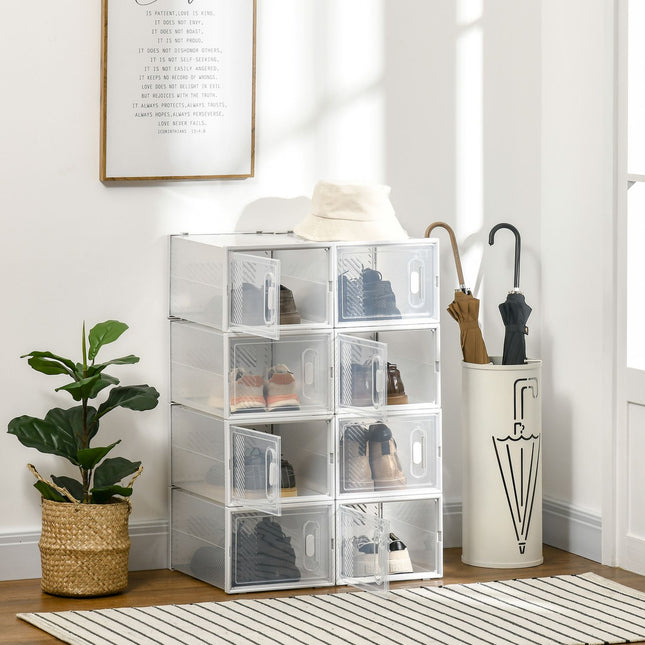 Set van 8 schoenendozen, schoenenorganizer met magnetische deuren, schoenendoos met deksel, kunststof schoenenopberger, voor schoenen tot maat 45, transparant + wit