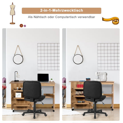 Stůl pro šicí stroj, skládací šicí stůl s úložnými přihrádkami, 118.5 x 40 x 79.5 cm, přírodní