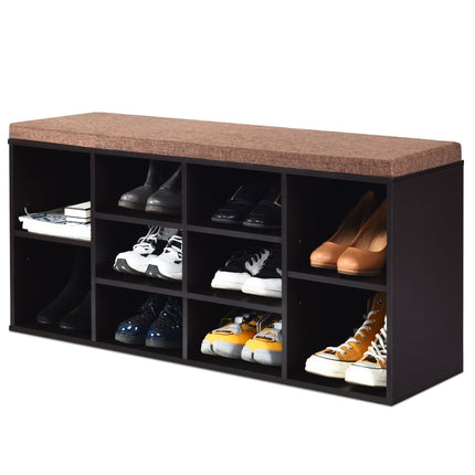 Shoe Bench with Cushion, Adjustable Shelves, Brown Wood