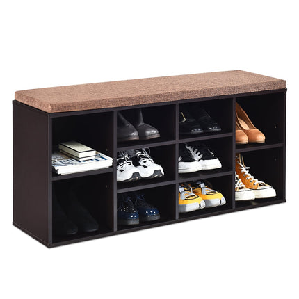 Shoe Bench with Cushion, Adjustable Shelves, Brown Wood