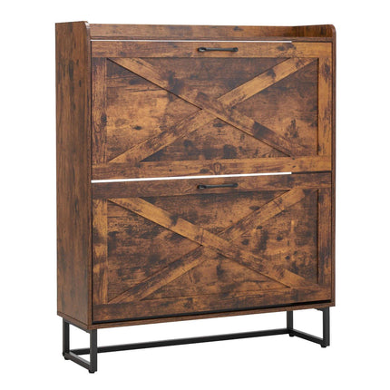 Shoe Cabinet, 2 Flip Drawers, Narrow Farmhouse, Brown