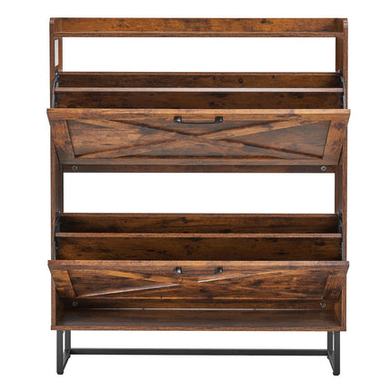 Shoe Cabinet, 2 Flip Drawers, Narrow Farmhouse, Brown