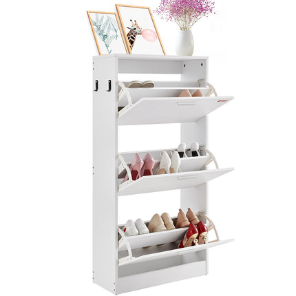 Shoe Cabinet, 3 Flip Drawers, Freestanding With Hooks