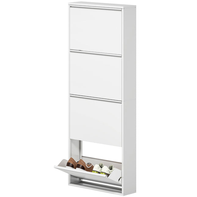 Schoenenkast Metaal met 4 kleppen Schoenenkantelaar Slim voor 8 paar schoenen Schoenenrek Schoenenkist Schoenenrek Wandmontage voor entree Hal 55 x 15 x 139,5 cm Wit |