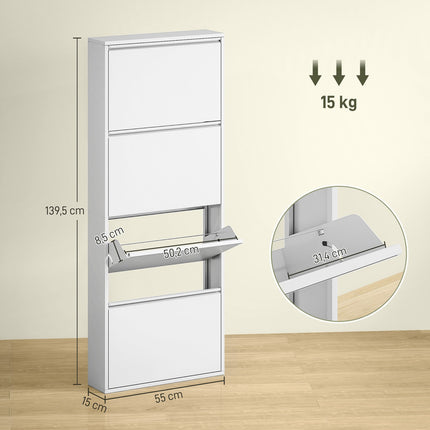 Space-saving metal shoe cabinet with 4 flaps, white