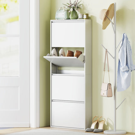 Space-saving metal shoe cabinet with 4 flaps, white
