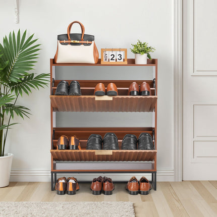 Shoe Cabinet With 2 Flip Drawers, Anti-Tip, Walnut