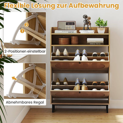 Shoe Cabinet with 2 Flip Drawers, Rattan Doors, Metal Legs