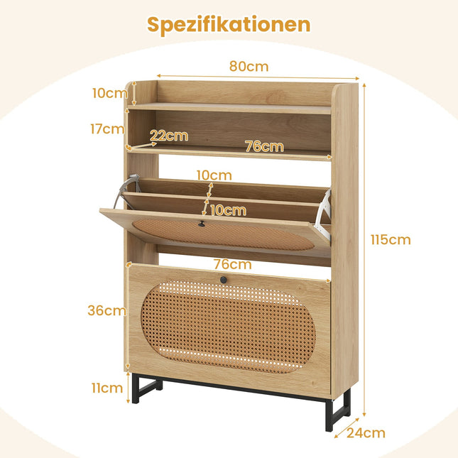 Botník se 2 výklopnými zásuvkami, ratanová dvířka, kovové nohy