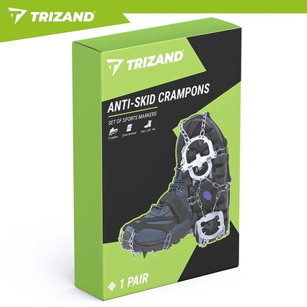 Shoe Crampons Size L 40-44 with 12 Spikes and Velcro Straps, Case, Black/Silver