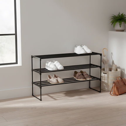 Schoenenrek, stapelbaar metalen frame met plastic planken