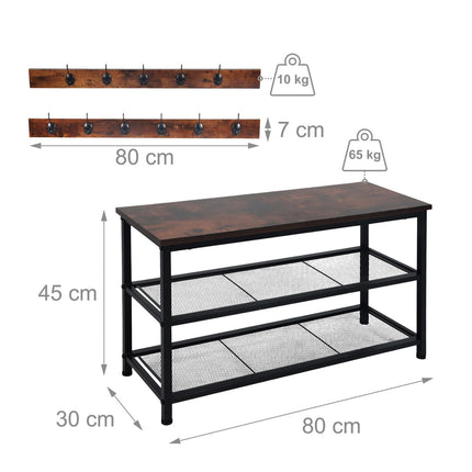 Botník a věšák na kabáty, sada – kov a MDF, 11 háčků