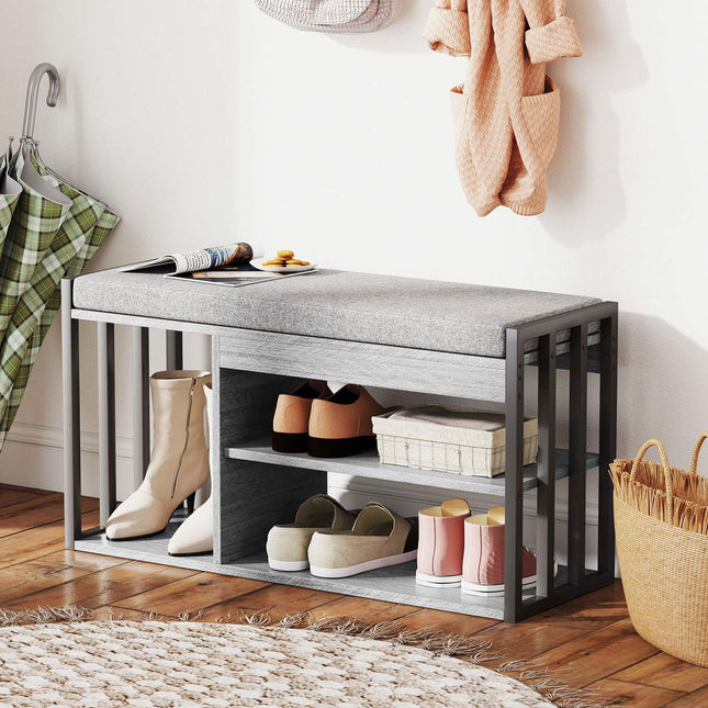 Shoe Storage Bench with Cushion, 3-Tier Design, Gray