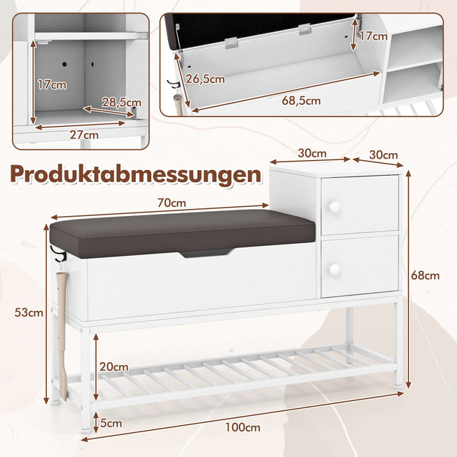 Shoe Storage Bench with Flip Lid, Metal Rack, 2 Doors