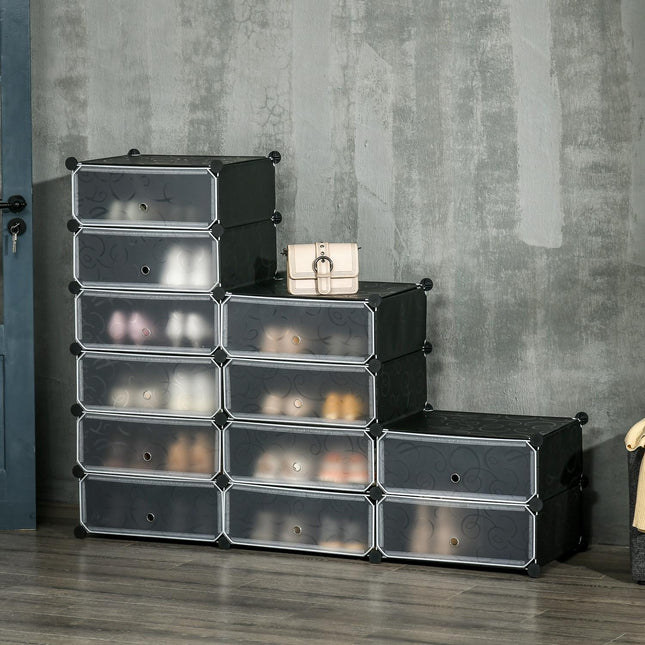 Modulární botník – 12 přihrádek, černé DIY úložné řešení