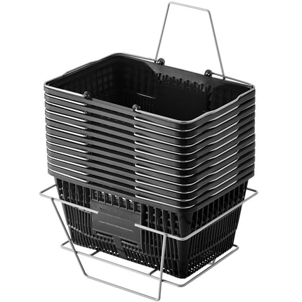 Shopping Basket Set of 12, 21L Plastic, Stand, Black