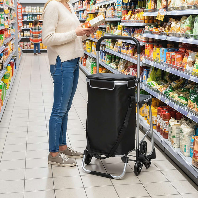Nákupní taška na kolečkách, 40L, 3 kolečka, hliníkový rám, sedátko