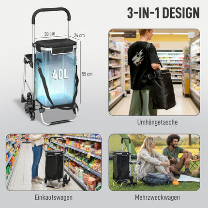 Nákupní taška na kolečkách, 40L, 3 kolečka, hliníkový rám, sedátko