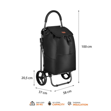 Nákupní taška na kolečkách se sedátkem, 40L, černá, ocelový rám