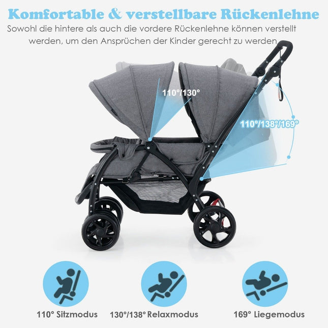 Opvouwbare kinderwagen voor broers en zussen, tweelingkinderwagen, tweelingkinderwagen, grijs
