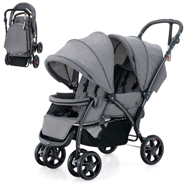 Opvouwbare kinderwagen voor broers en zussen, tweelingkinderwagen, tweelingkinderwagen, grijs
