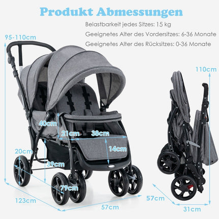 Sourozenecký kočárek skládací sourozenecký kočárek dvojkočárek dvojče buggy šedá