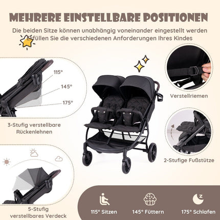 Sourozenecký kočárek skládací dvojkočárek s nastavitelným opěradlem přenosný dvojče buggy tmavě šedá