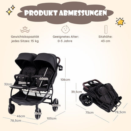 Sourozenecký kočárek skládací dvojkočárek s nastavitelným opěradlem přenosný dvojče buggy tmavě šedá