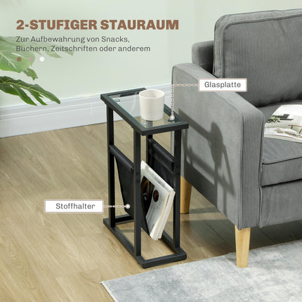 Black metal and glass side table with fabric storage bag
