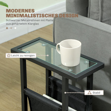 Black metal and glass side table with fabric storage bag